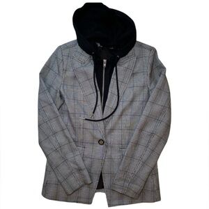 Plaid Gray Blazer with Black Hoodie Layered Look